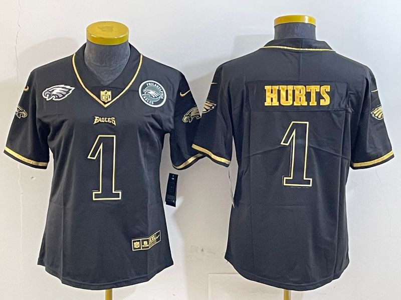 Youth Philadelphia Eagles 1 Hurts Black gold 2025 Nike Vapor Limited NFL Jersey style 5